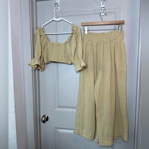 Free People 2Piece Cotton Crop Smocked Puff Sleeve Top Wide Leg Crop Pants Set,S